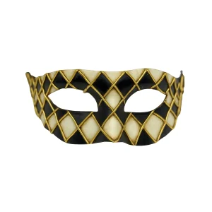 Venezianische Harlekinmaske – Schwarz & Weiß mit goldenen Details – Handgemachtes Pappmaché