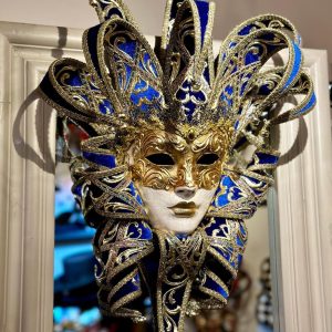 Narrenmaske aus blauem und goldenem Samt - Tragbare Maske und Dekorationsmaske