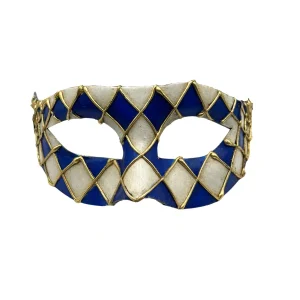 Venezianische Harlekinmaske – Blau & Weiß mit goldenen Details – Handgemachtes Pappmaché