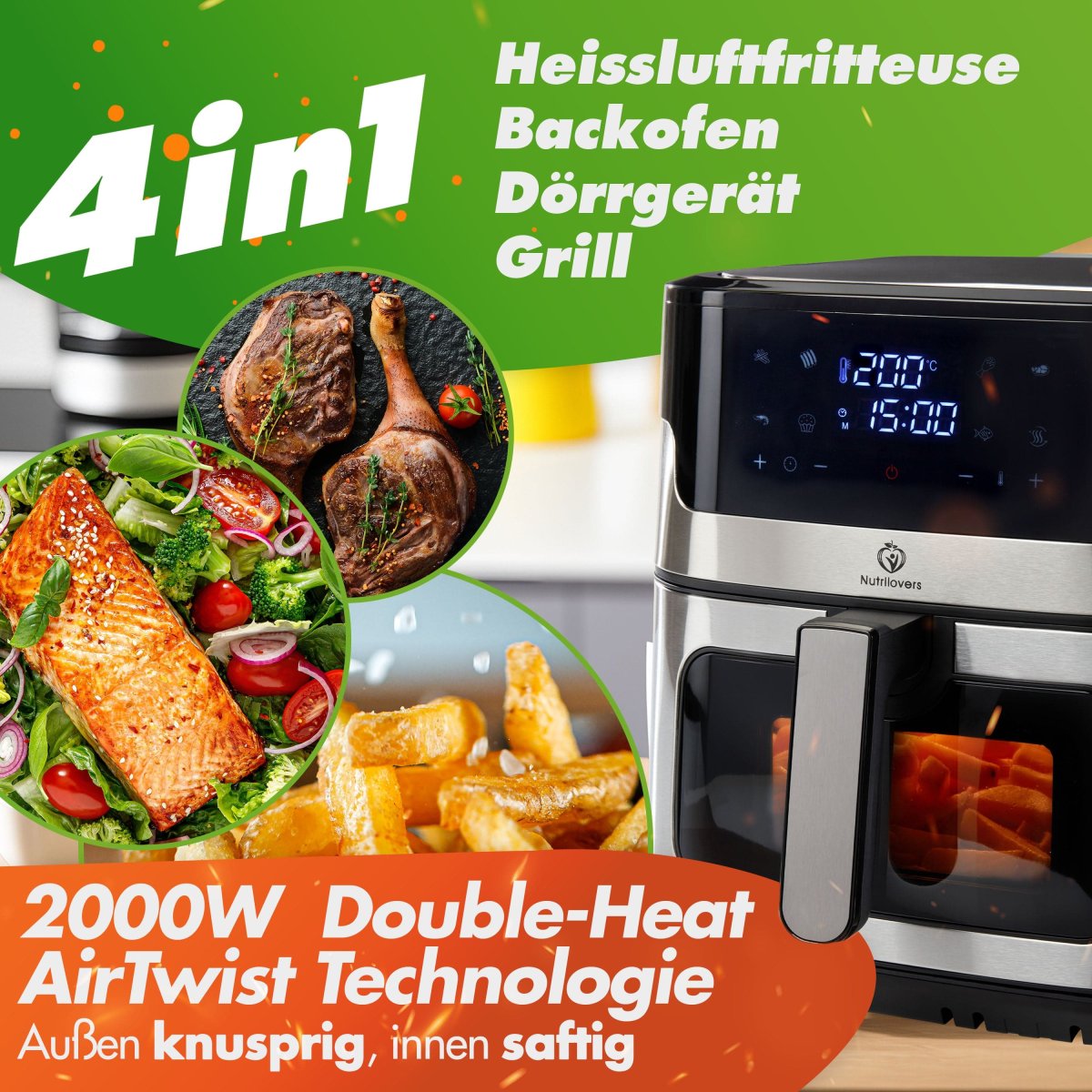 NUTRI-FRYER (B) Heißluftfritteuse XXL Edelstahl, 8L, 2000W, Ober-& Unterhitze – Bild 4